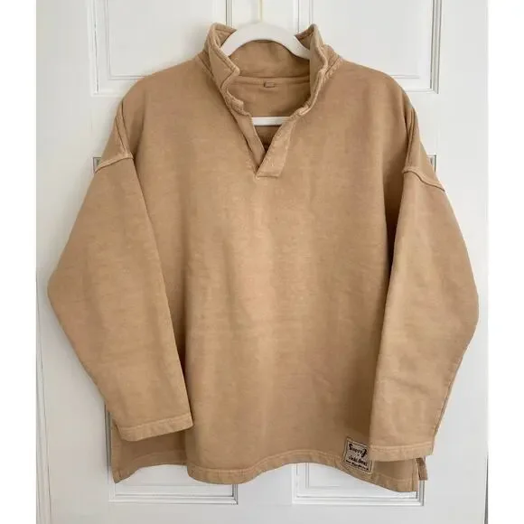 Sloppy Joe Collar 02 Beige Tan Pullover Rugby Sweatshirt Oversized Size 1 - Picture 3 of 8